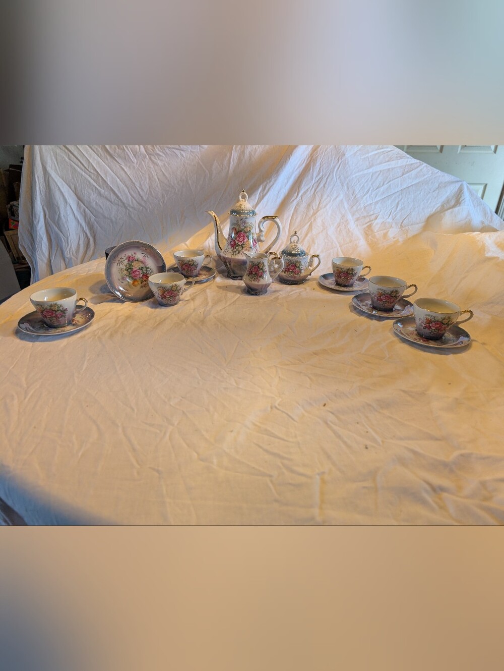 2/160$ Vintage Floral Porcelain Tea Set in Lavender, Pink and Gold Trim